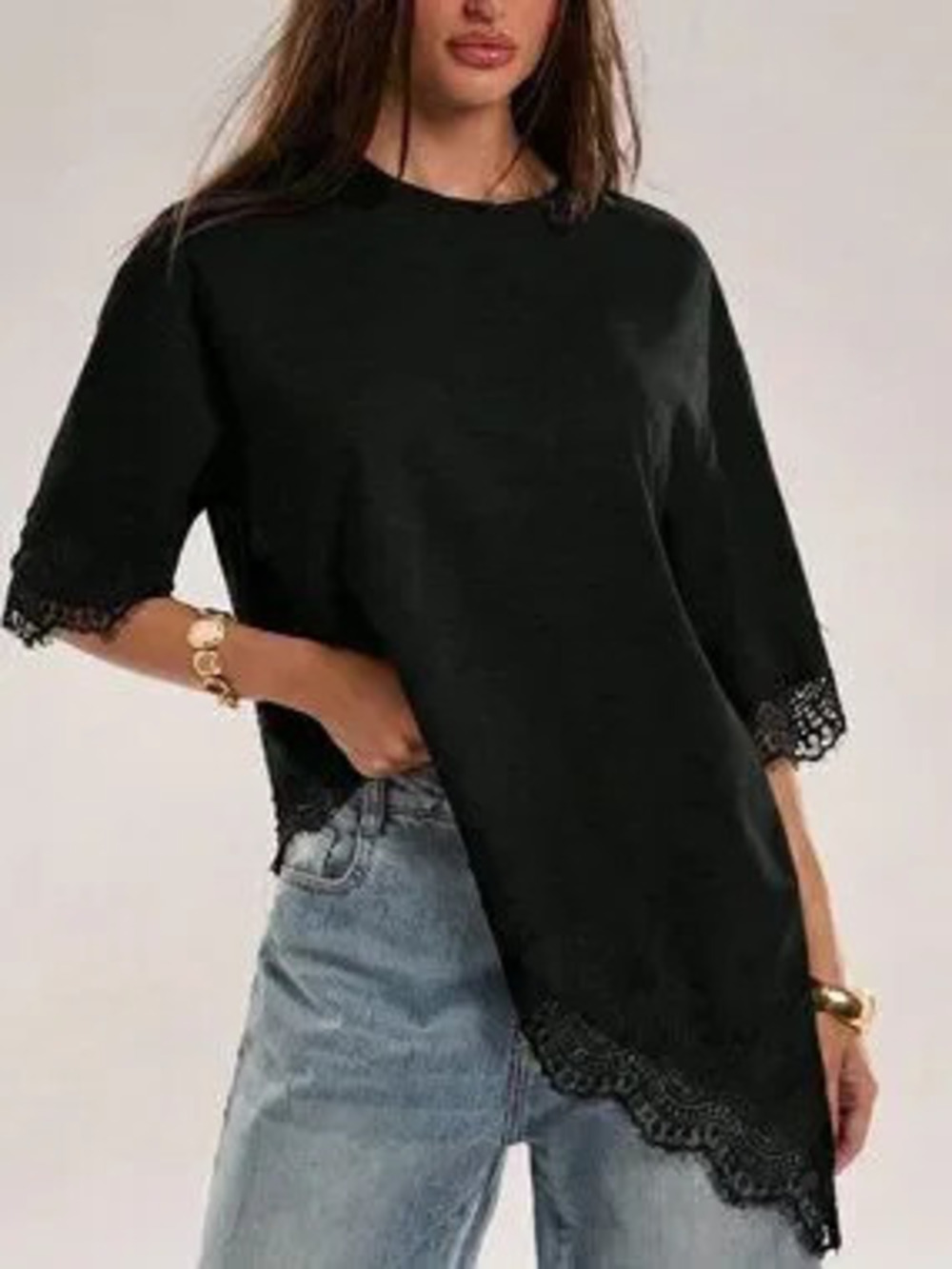Black Casual Women's Ribbed Asymmetric Hem Lace T-Shirt